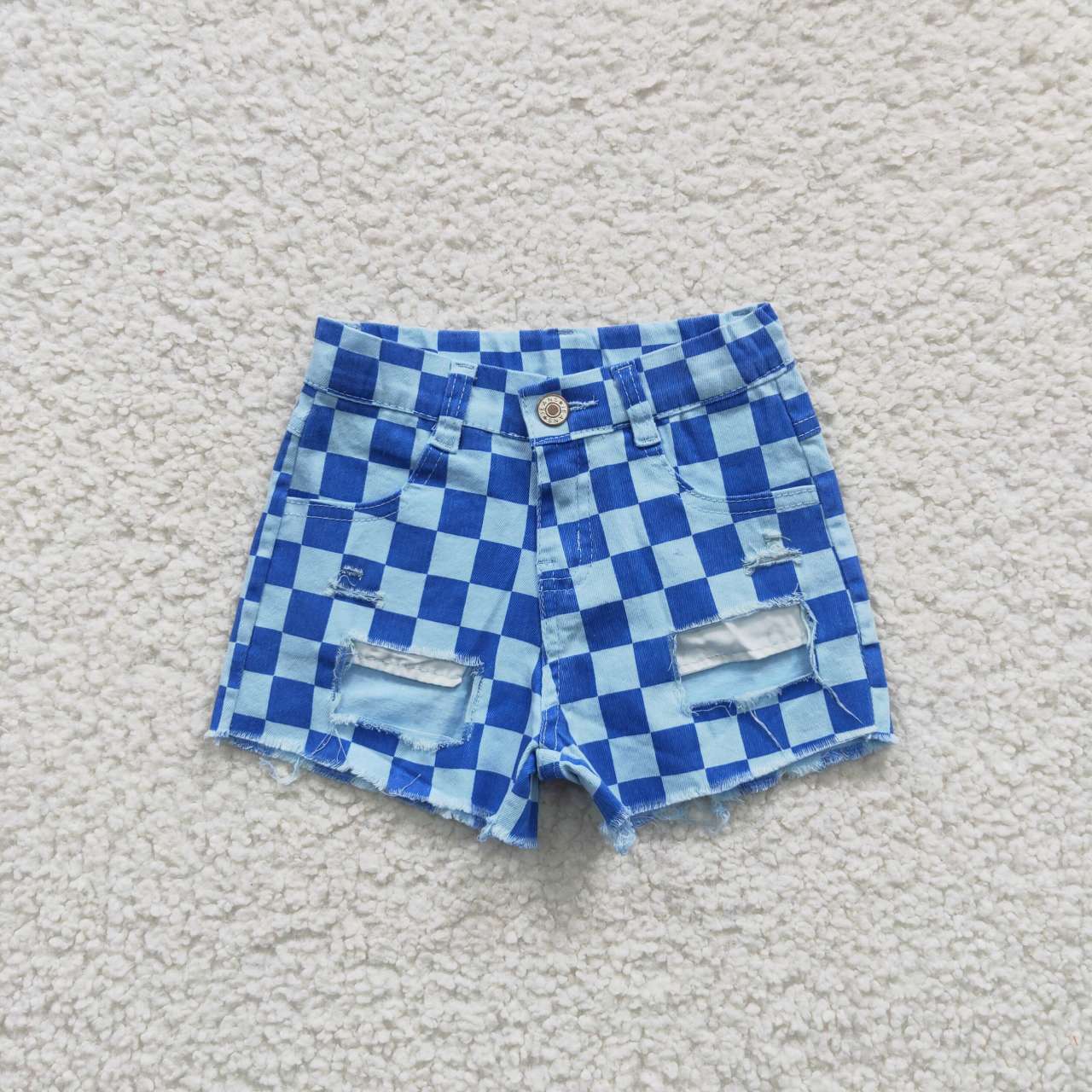 SS0093 Blue Plaid Distress Girls Shorts Denim Jeans