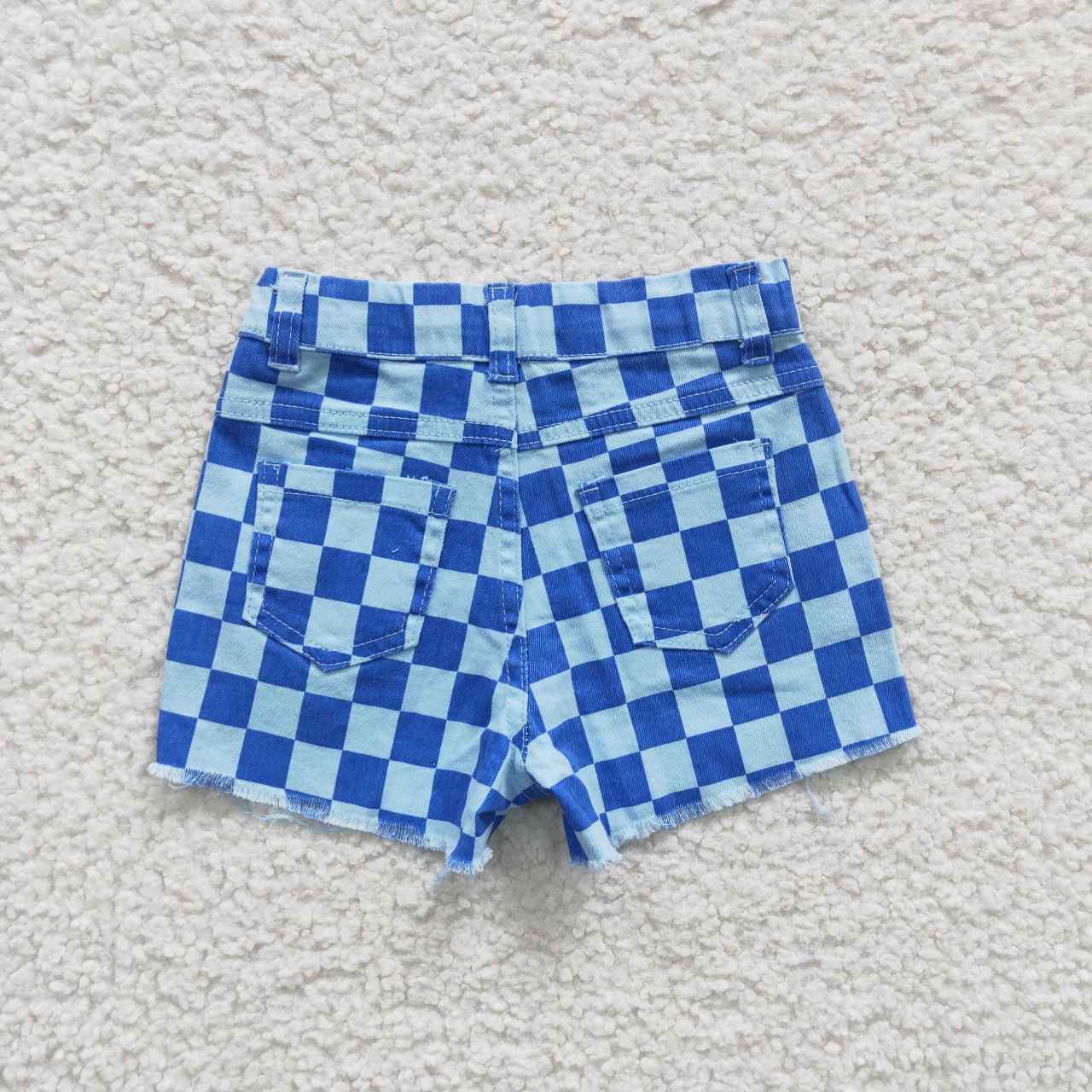 SS0093 Blue Plaid Distress Girls Shorts Denim Jeans