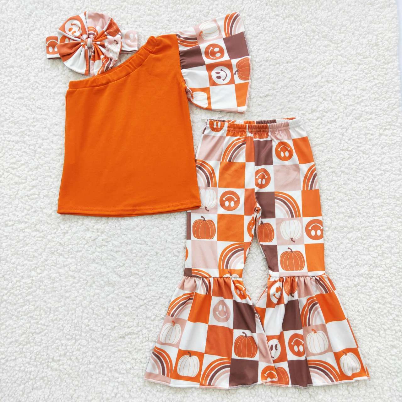 GSPO0620 Halloween Orange Smile Cartoon Single Sleeve With Bow 3Pcs Headband Girls Short Sleeve Bell Bottom Pants Outfits