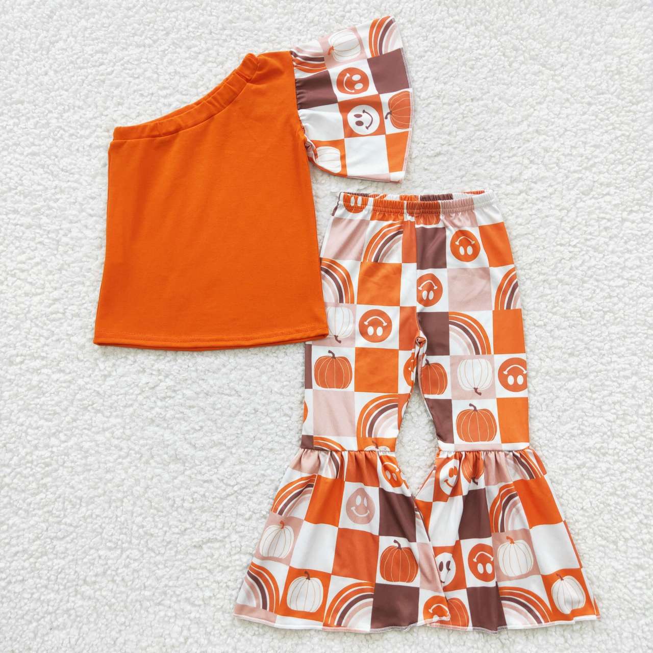 GSPO0620 Halloween Orange Smile Cartoon Single Sleeve With Bow 3Pcs Headband Girls Short Sleeve Bell Bottom Pants Outfits