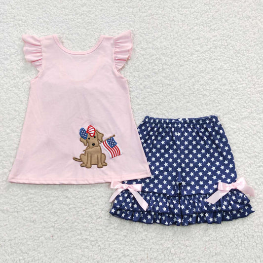 GSSO0236 4th Of July Blue Pink Flag Dog Embroidery Bow Girls Short Sleeve Shorts Outfits