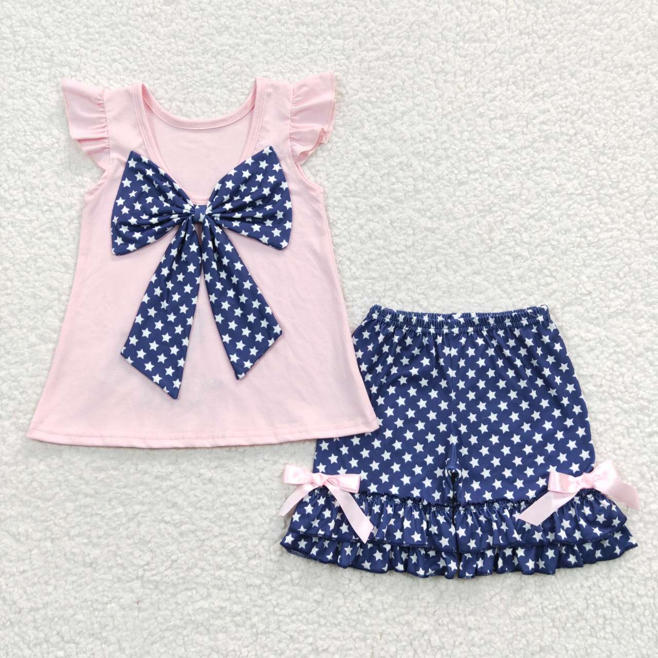 GSSO0236 4th Of July Blue Pink Flag Dog Embroidery Bow Girls Short Sleeve Shorts Outfits