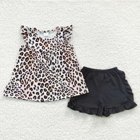 GSSO0312 Black Leopard Girls Short Sleeve Shorts Outfits