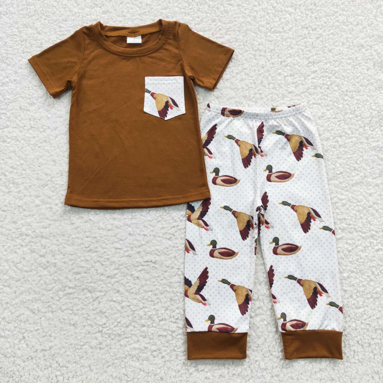 BSPO0102 Brown Duck Bird Pocket Boys Short Sleeve Pants Outfits Pajamas