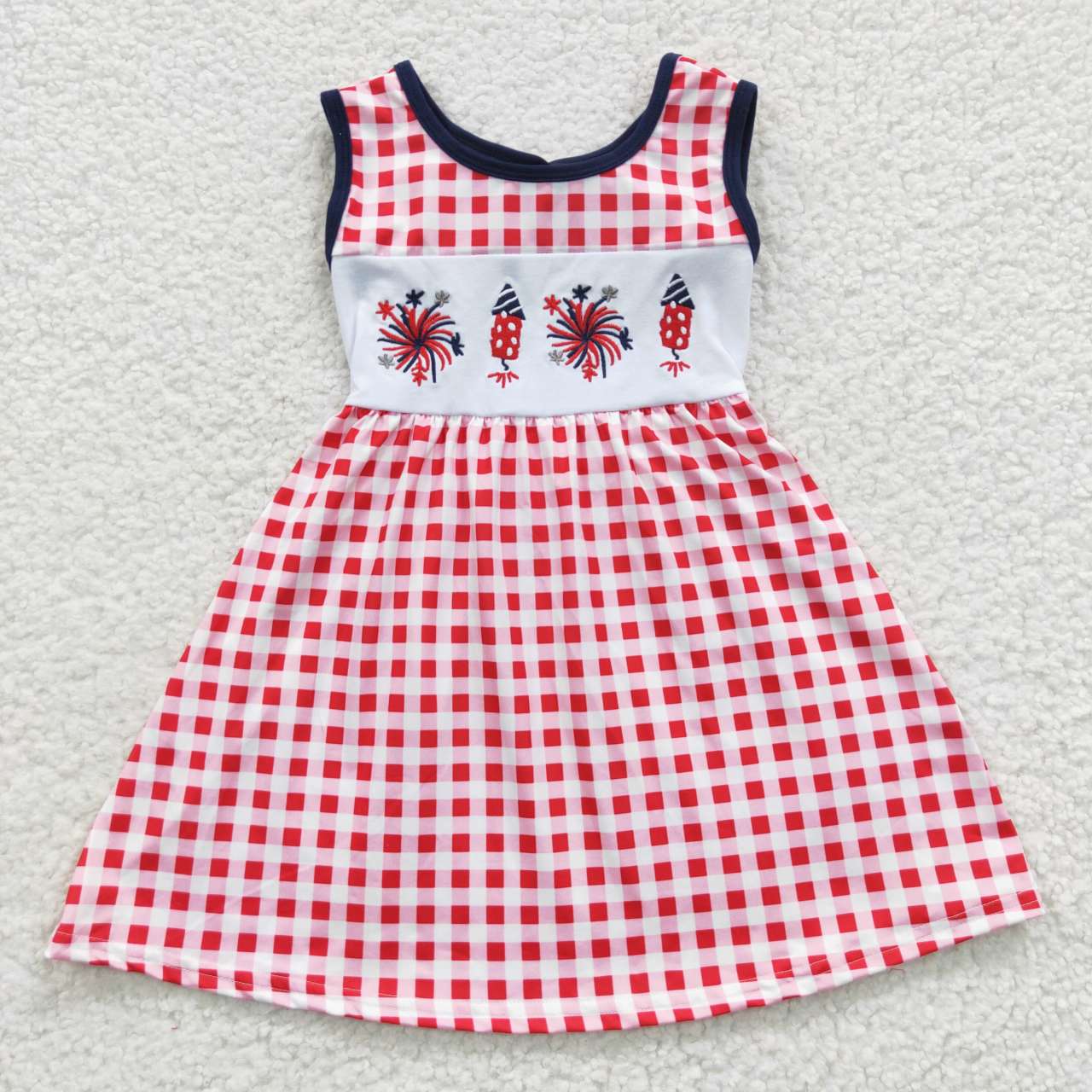 GSD0330  4th Of July Red Blue Plaid Flag Firework Embroidery Girls Short Sleeve Dresses