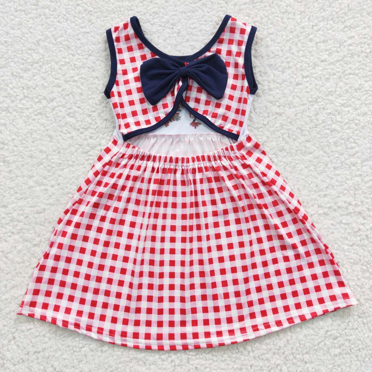 GSD0330  4th Of July Red Blue Plaid Flag Firework Embroidery Girls Short Sleeve Dresses