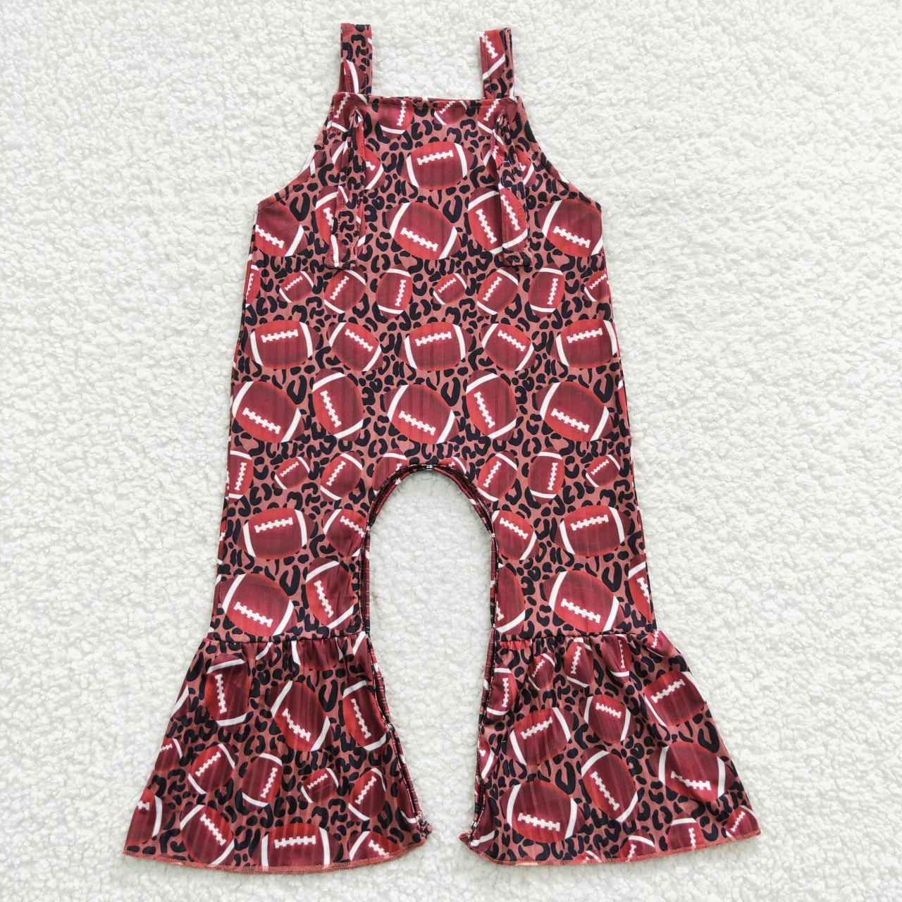 SR0364 Brown Leopard Football Print Girls Sleeveless Jumpsuit Overall Pants