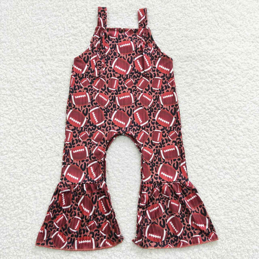 SR0364 Brown Leopard Football Print Girls Sleeveless Jumpsuit Overall Pants