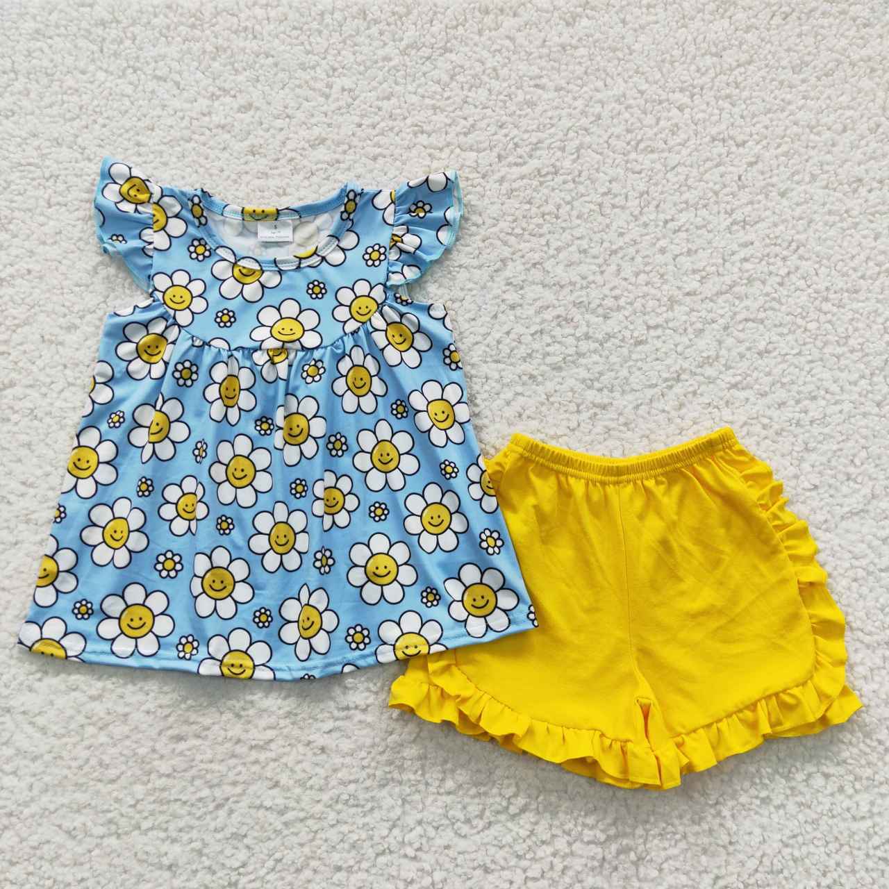 GSSO0318 Blue Yellow Floral Sunflower Girls Short Sleeve Shorts Outfits