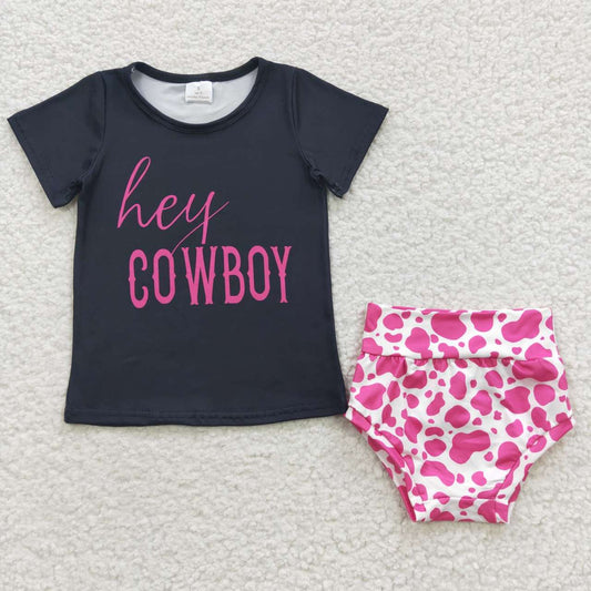 GBO0132  Hey Cowboy Pink Leopard Black Girls Short Sleeve Bummies Outfits