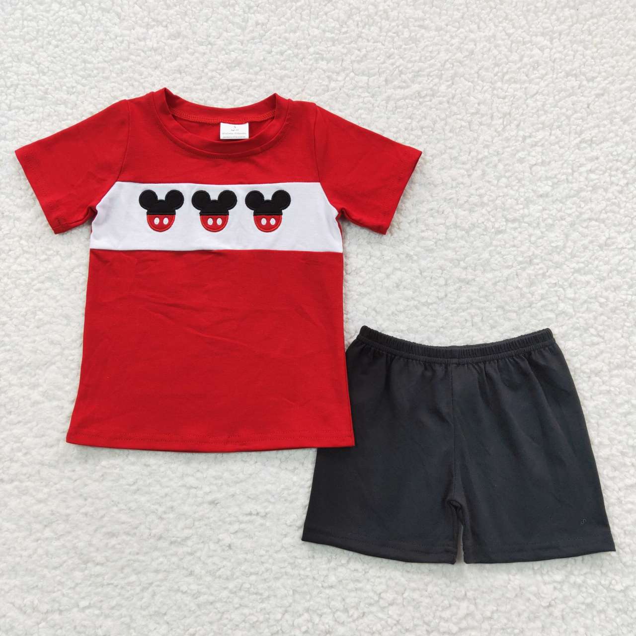 BSSO0092 Red Black M Cartoon  Embroidery Boys Short Sleeve Shorts Outfits