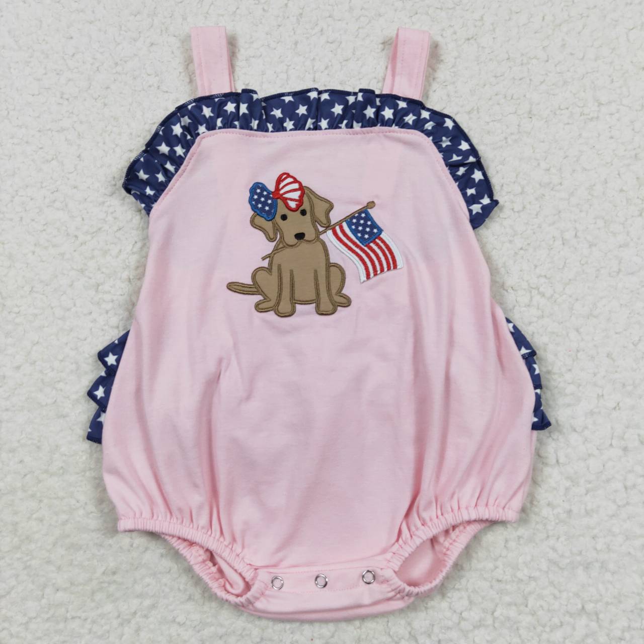 SR0332 4th Of July Blue Pink Flag Dog Embroidery Girls Short Sleeve Romper