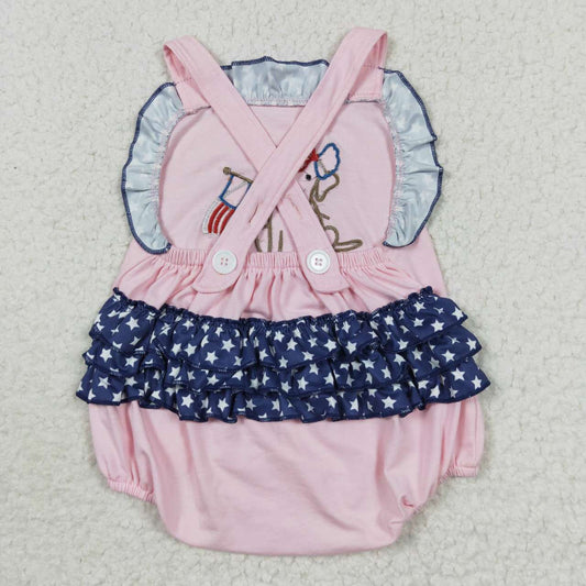 SR0332 4th Of July Blue Pink Flag Dog Embroidery Girls Short Sleeve Romper