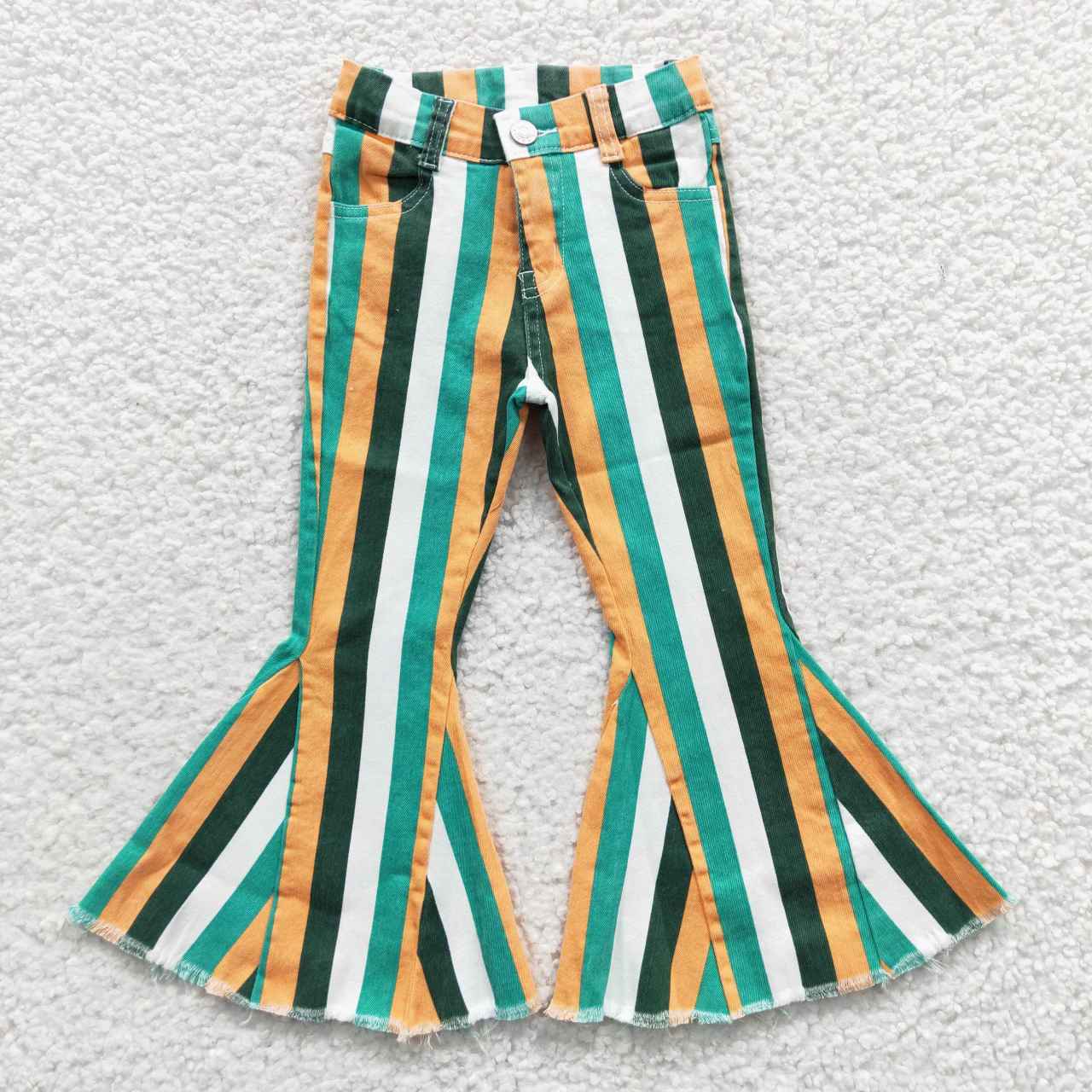 P0131 Green Yellow Striped Girls Bell Pants Denim Jeans