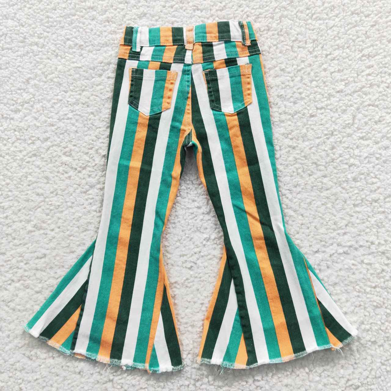 P0131 Green Yellow Striped Girls Bell Pants Denim Jeans