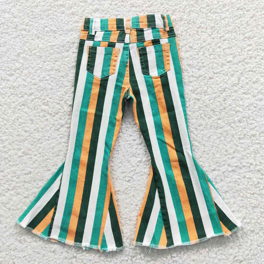 P0131 Green Yellow Striped Girls Bell Pants Denim Jeans