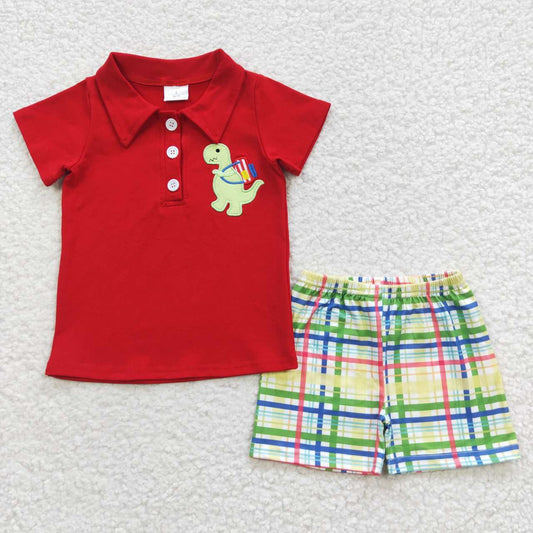 BSSO0255 Green Red Dinosaur Embroidery Boys Short Sleeve Shorts Outfits