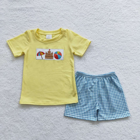 BSSO0248 Yellow Blue Summer Embroidery Boys Short Sleeve Shorts Outfits