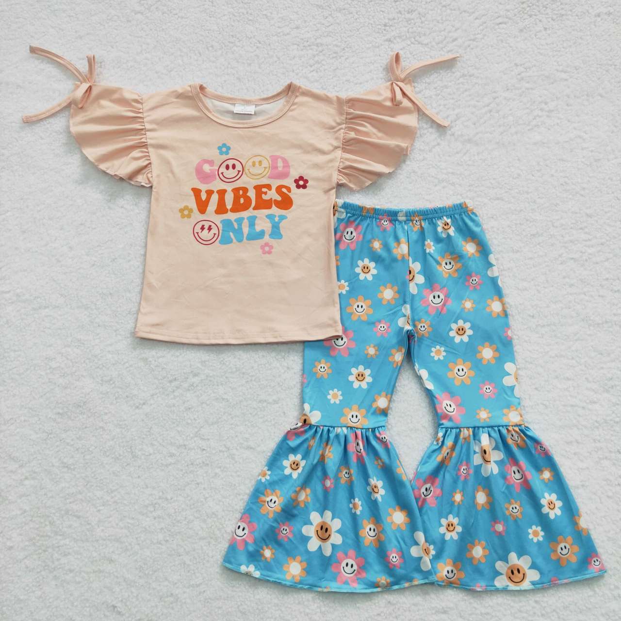 GSPO0637 Good Vibes Only Blue   Girls Short Sleeve Bell Bottom Pants Outfits