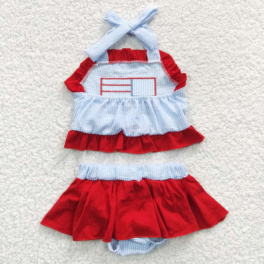 S0134 4th Of July Red Blue Starts Flag Embroidery Girls Swimming Bathing Suits Swimsuits