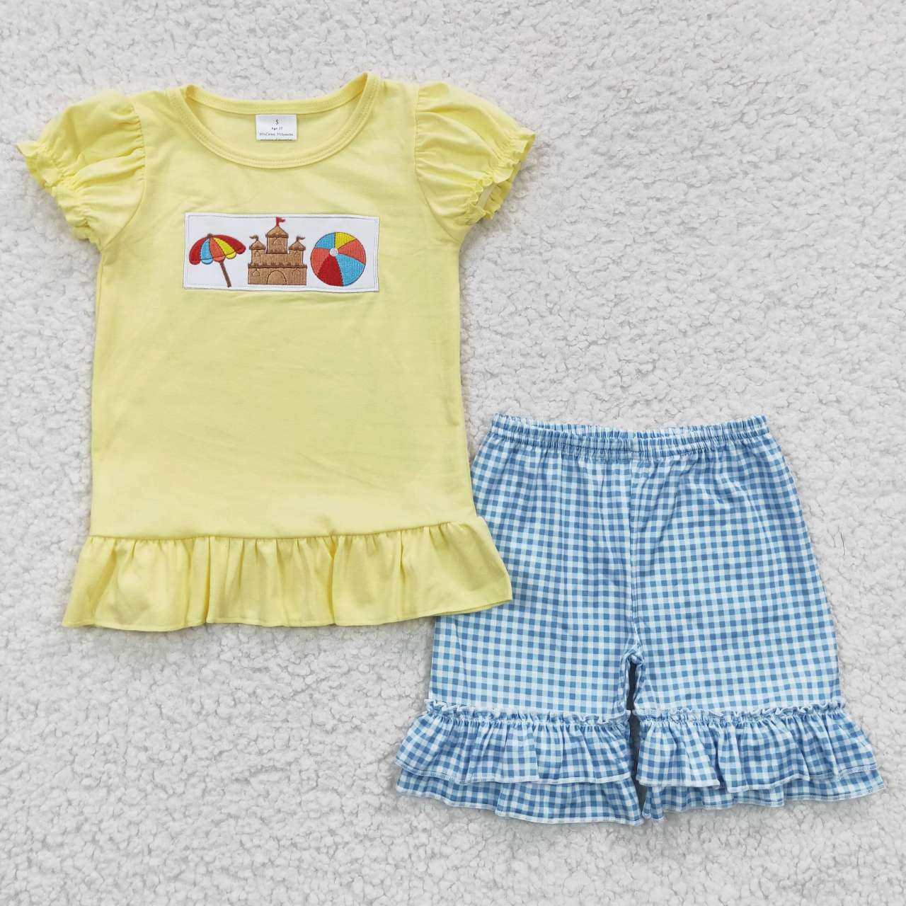 GSSO0276 Yellow Blue Summer Embroidery Girls Short Sleeve Shorts Outfits