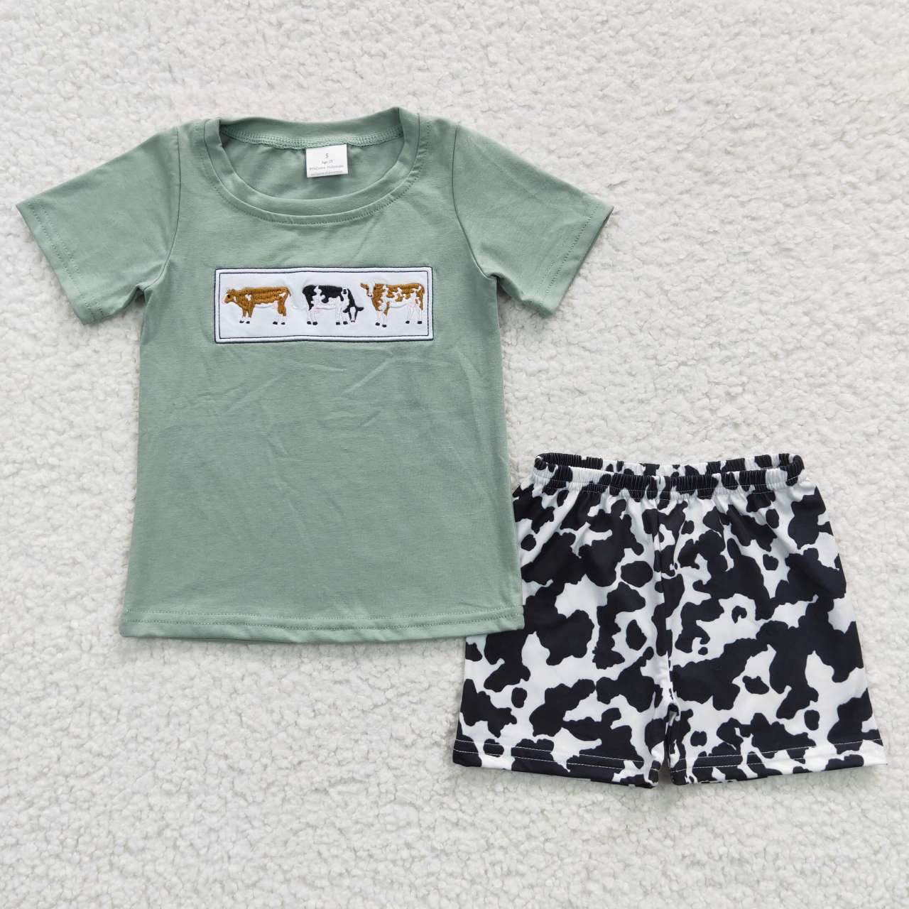 BSSO0264 Green Cow print Embroidery Boys Short Sleeve Shorts Outfits