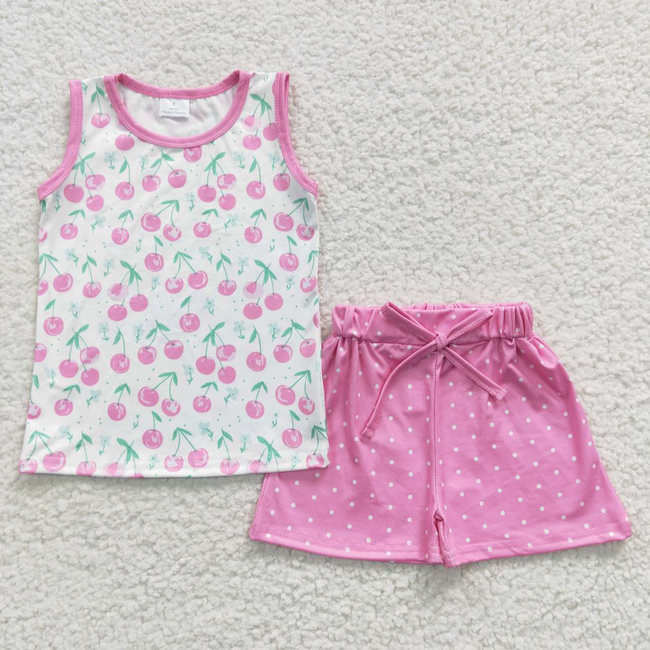 GSSO0323 Pink Floral Cherry Girls Short Sleeve Shorts Outfits