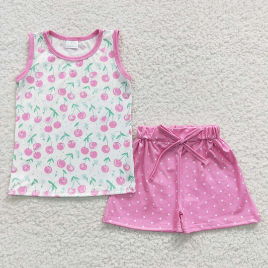 GSSO0323 Pink Floral Cherry Girls Short Sleeve Shorts Outfits