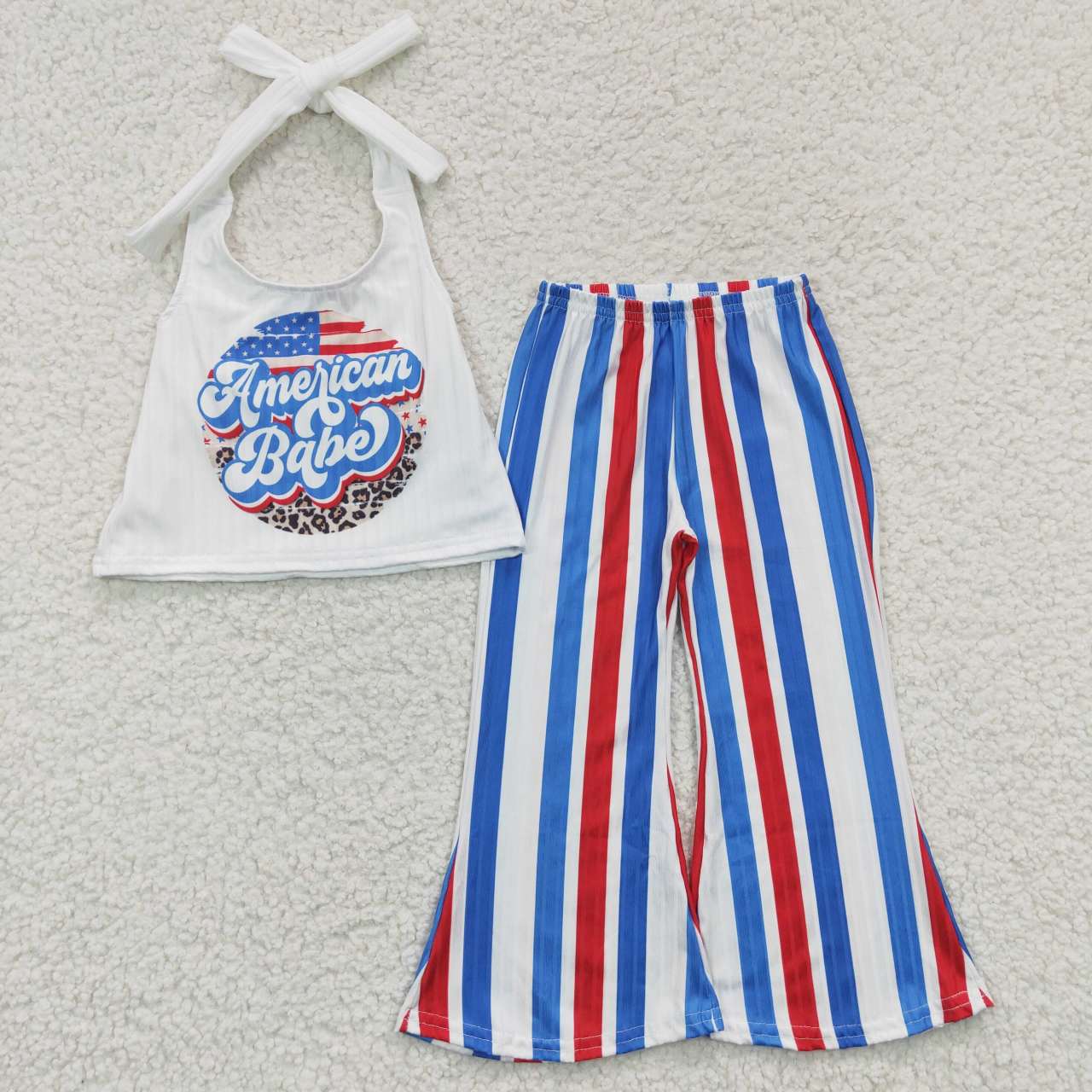 GSPO0655 4th Of July Red Blue Star babe Flag Girls Sleeveless Bell Bottom Pants Outfits