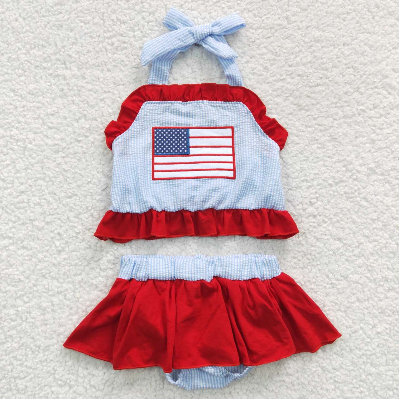 S0134 4th Of July Red Blue Starts Flag Embroidery Girls Swimming Bathing Suits Swimsuits