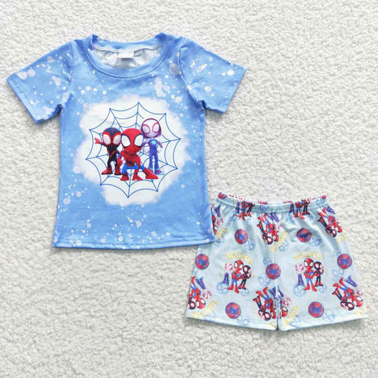 BSSO0246 Blue Red Spider Cartoon Boys Short Sleeve Shorts Outfits