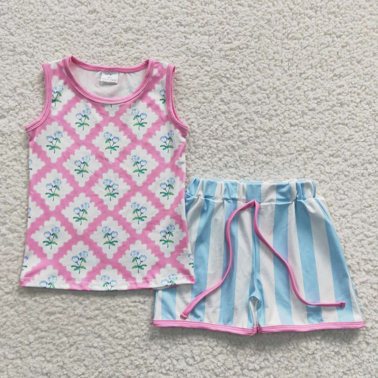 GSSO0324 Pink Blue Floral Stripes Girls Sleeveless Shorts Outfits