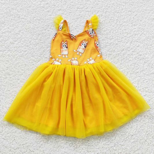 GSD0356 Yellow Dog Cartoon Tulle Tutu Girls Short Sleeve Dresses