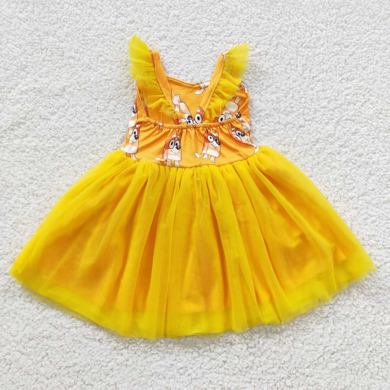 GSD0356 Yellow Dog Cartoon Tulle Tutu Girls Short Sleeve Dresses