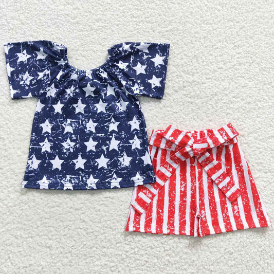 D13-29 4th Of July Blue Starts Red Stripes Print Girls Short Sleeve Shorts Outfits