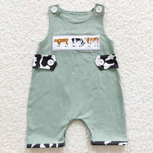 SR0374 Green Cow Print Embroidery Boys Sleeveless Romper