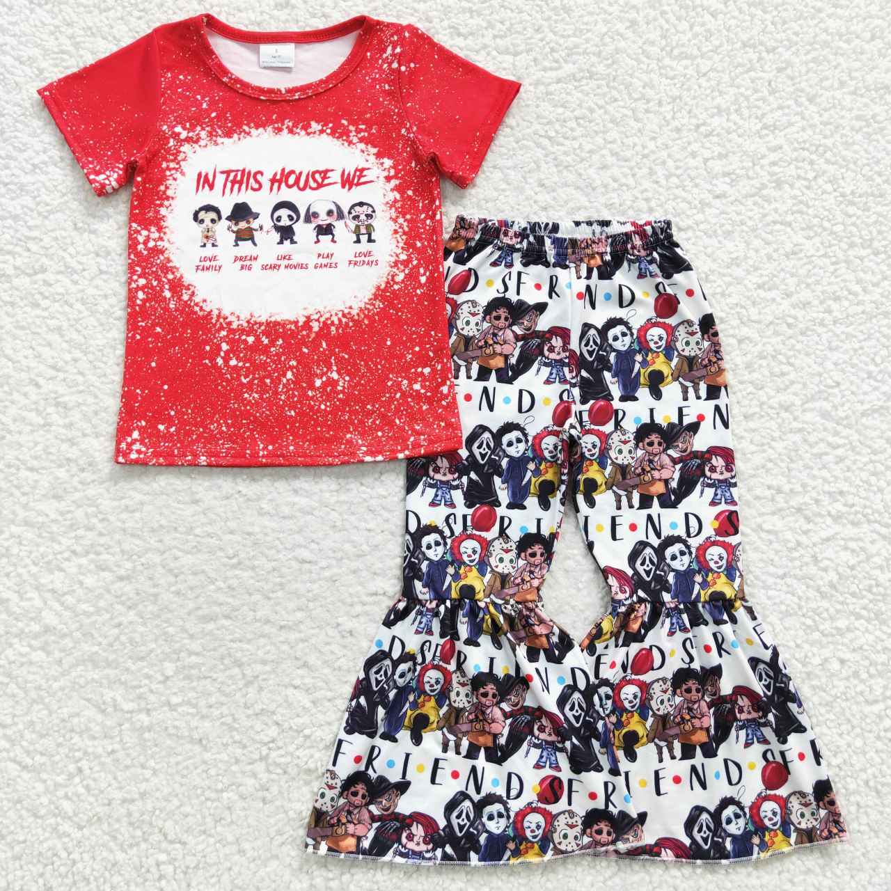 GSPO0603 Halloween Red Friend Cartoon Ghost Girls Short Sleeve Bell Bottom Pants Outfits