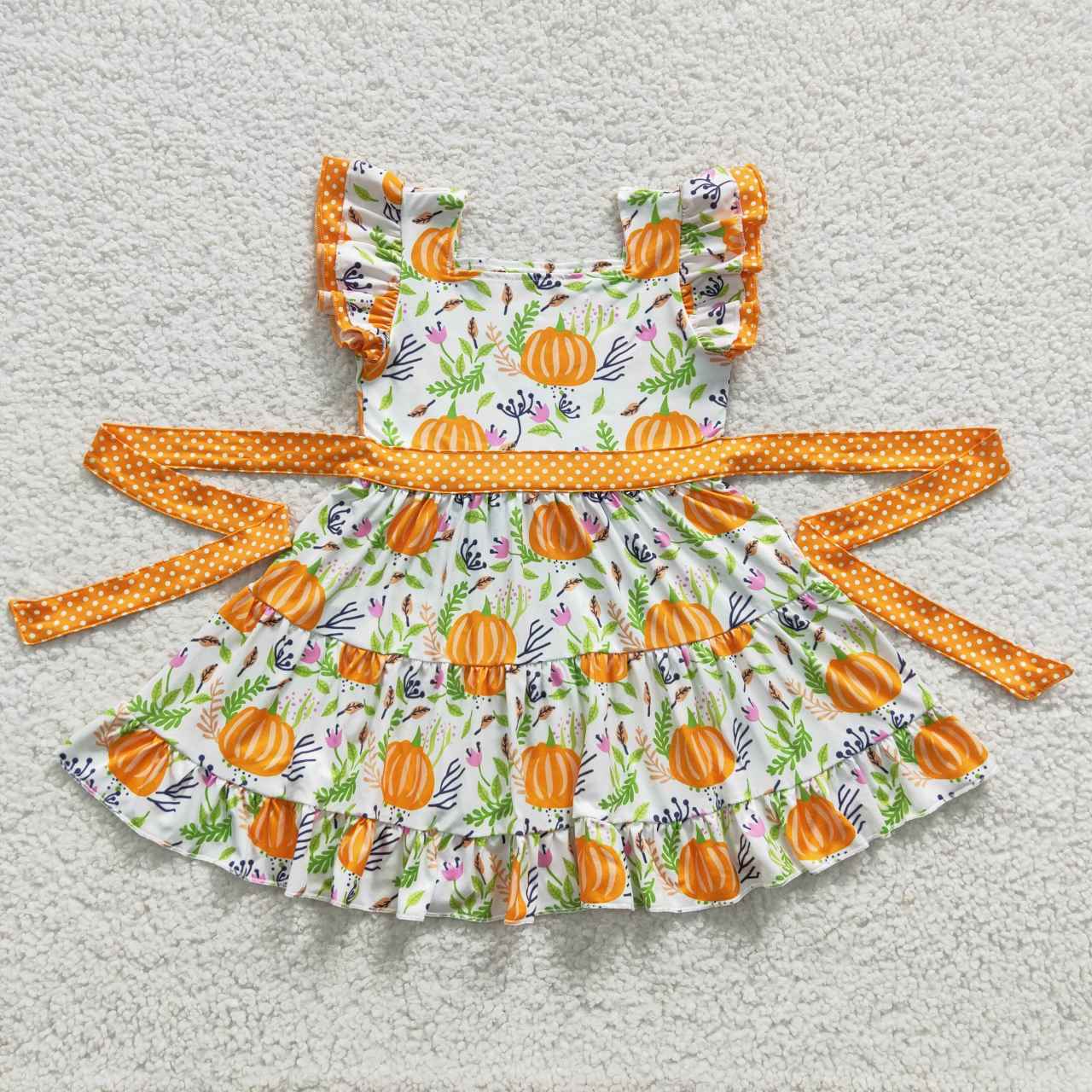 Clearance D6-20 Halloween Yellow Pumpkin Girls Belt Flutter Sleeve Dresses