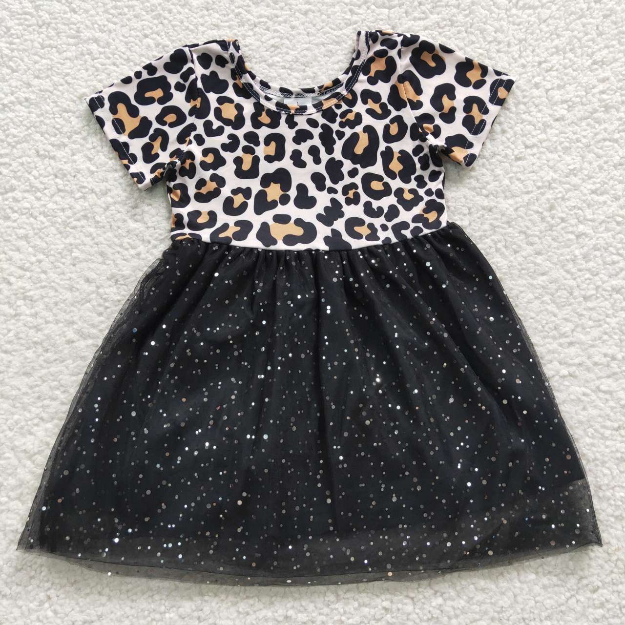 GSD0329 Black leopard Tulle Tutu Girls Short Sleeve Dresses