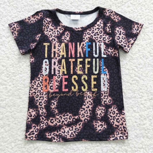 GT0193 Thankful Grateful Blesses Black Leopard Girls Short Sleeve Top T-shirts