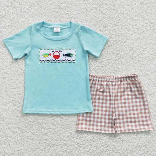 BSSO0262 Blue Fish  Embroidery Boys Short Sleeve Shorts Outfits