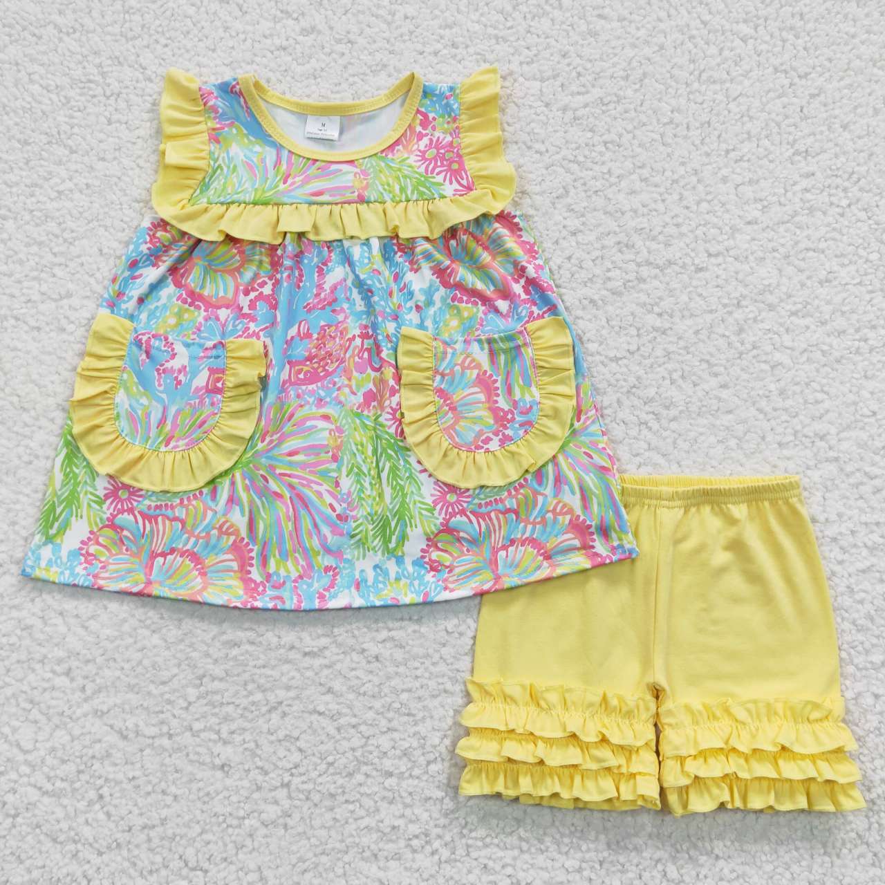 GSSO0337 Yellow Tie dye Pockets Girls Short Sleeve Shorts Outfits