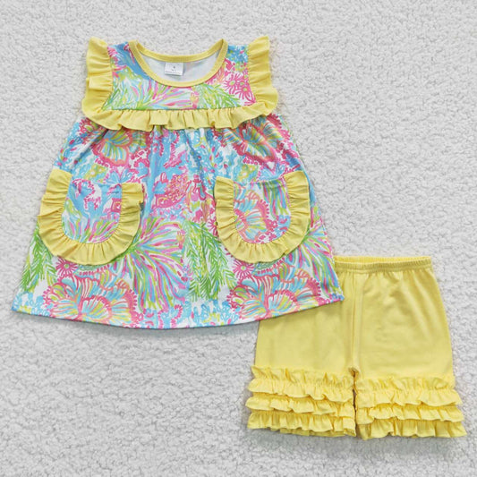 GSSO0337 Yellow Tie dye Pockets Girls Short Sleeve Shorts Outfits