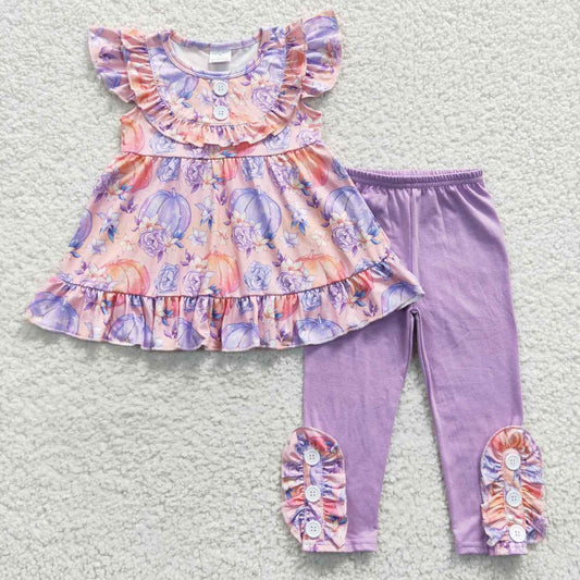 GSPO0616  Halloween Pumpkin Ruffles Purple Tunic Girls Short Sleeve Pants Outfits