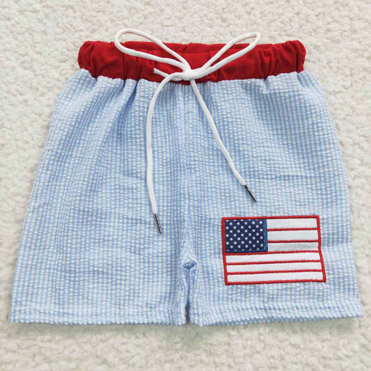 S0135  4th Of July Red Blue Flag Embroidery Boys Bathing Suits Swimsuits Swimming Trunks