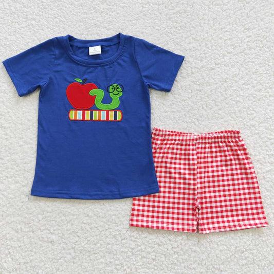 BSSO0254 Back To School Red Blue Apple Embroidery Boys Short Sleeve Shorts Outfits