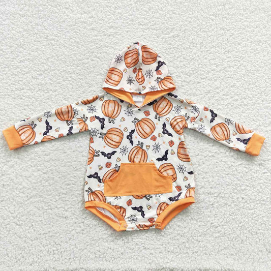 LR0273 Halloween Orange Bat Ghost Cartoon Hoodies Girls Long Sleeve Romper