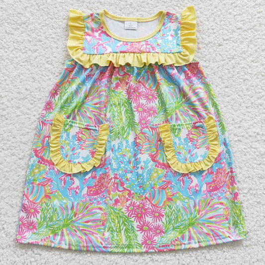 GSD0391 Yellow Tie dye Pockets Girls Flutter Sleeve Dresses