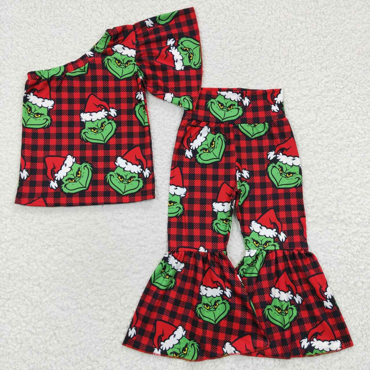 GSPO0654 Christmas Santa Red Green Cartoon Single Sleeve Girls Short Sleeve Bell Bottom Pants Outfits