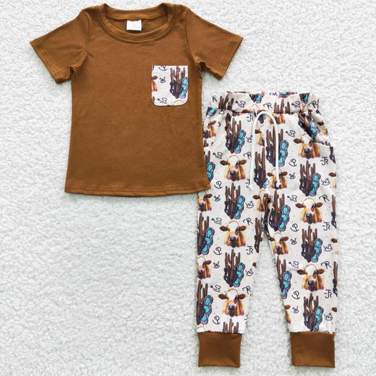 BSPO0107 Brown Western Cow Cactus Pocket Boys Short Sleeve Pants Outfits